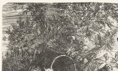 Mænd og hund med dreng ved en tønde Orientalsk scene af Rodolphe Bresdin