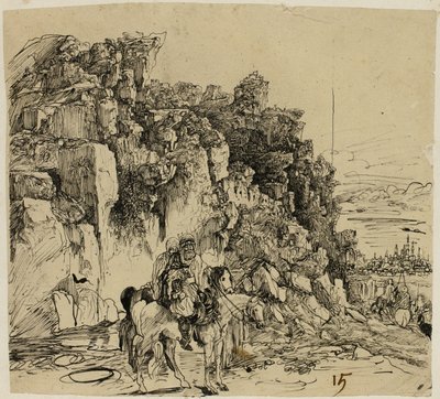 Bjerglandskab med ryttere af Rodolphe Bresdin