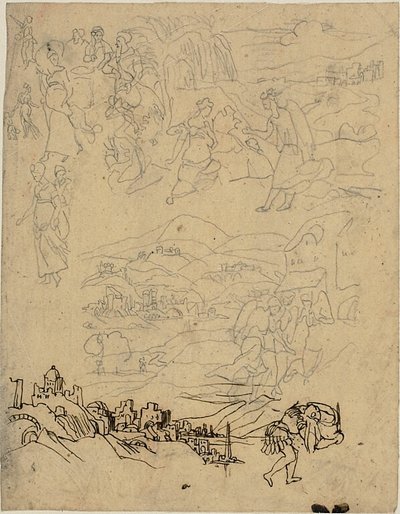 Skitser af bibelske scener, by ved sø, bjerglandsby, kriger af Rodolphe Bresdin