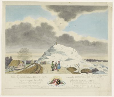 Is i Ochten, 1789 Isbjerget ved Ochten i Nedre Betuwe; på og imod diget pudret den 24. jan. 1789 (titel på objekt) af Roeland van Eynden
