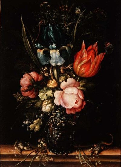Et stilleben af roser, tulipaner og andre blomster af Roelandt Jacobsz. Savery