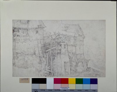 Rørhuse, delvis i ruiner, på en bjergside (pen og blæk med kridt på papir) af Roelandt Jacobsz. Savery