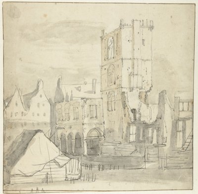 Ruinerne af det gamle rådhus, Amsterdam, efter branden i 1652 af Roelant Roghman (attributed to)