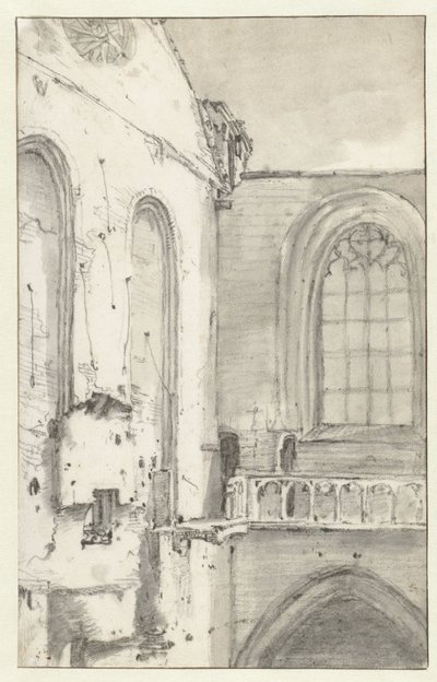 Udsigt over tværskibet af Nieuwe Kerk, Amsterdam, efter branden i 1645 af Roelant Roghman (attributed to)
