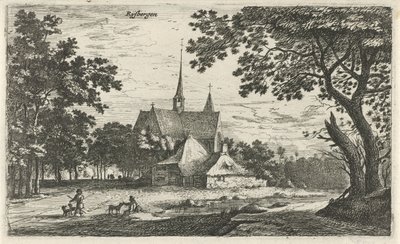 Udsigt over kirken St. Willibrord i Klein-Zundert Rysbergen (titel på objekt) Landsbyscener i det nordlige Holland (serietitel) af Roelant Roghman