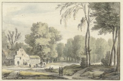 Landskab med vogn foran en gård af Roelant Roghman