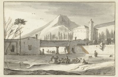 Bjergrigt, italiensk landskab med en rotundekirke af Roelant Roghman