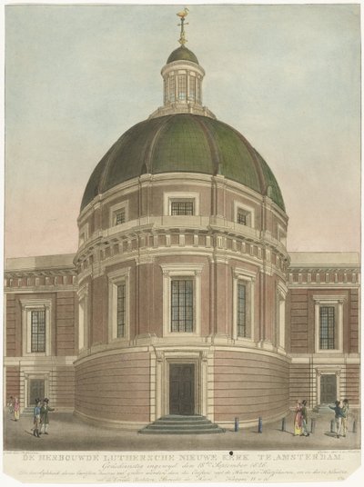 Genopbygget ny luthersk kirke i Amsterdam Den genopbyggede Lutersche Nieuwe Kerk i Amsterdam (titel på objekt) af Roelof van der Meulen