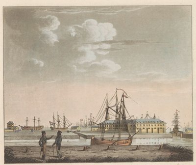Rijkswerf Willemsoord, ca. 1825 Udsigt over Willemsoord på det klare - ved Nieuwendiep og indgangen til den store Noord-Hollandsch-kanal / Vue de Willemsoord au clear prês du Nieuwendiep, et L