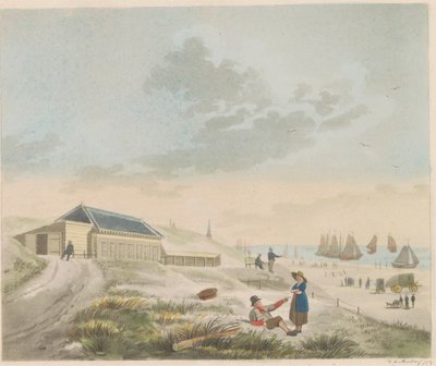 Strand ved Scheveningen, ca. 1825 Udsigt over stranden og klitterne ved Scheveningen og præsentation af hr. Pronks badehus / Vue du rivage et des dunes a Scheveninge et representation des Bains appartement à mons.r Pronk (titel på objektet) af Roelof van der Meulen