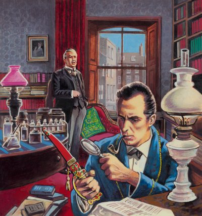 Sherlock Holmes i sit arbejdsværelse (gouache på papir) af Roger (after) Payne