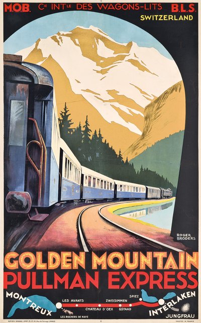 En plakat for Compagnie Internationale des Wagons-Lits, der reklamerer for Golden Mountain Pullman Express, ca. 1930 (farvelitografi) af Roger Broders