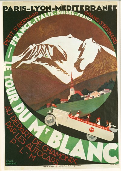 Roger Broders: Le Tour du Mont Blanc au départ de Chamonix par les Autocars P ... (litho) af Roger Broders