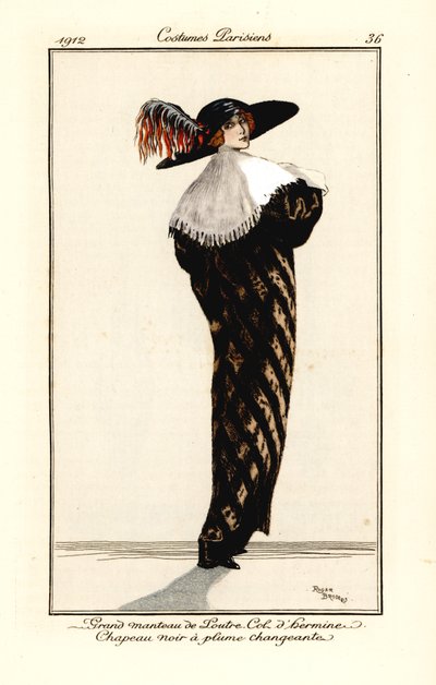Kvinde i lang frakke af odderskind med hermelinkrave, sort hat med flerfarvet fjer, radering efter en illustration af Roger Broders fra Tommaso Antonginis Journal des Dames et des Modes, Aux Bureaux du Journal des Dames, Paris af Roger Broders