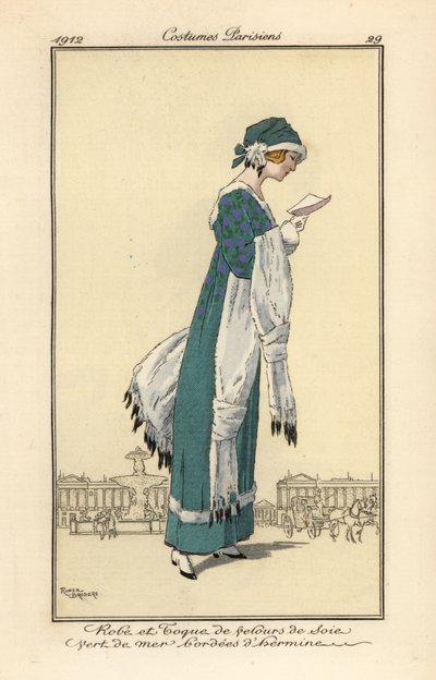Kvinde, der læser et brev, iført kjole og toque-hat af havgrønt silkefløjl kantet med hermelin. Hermelinsjal og -muff, håndkoloreret pochoir (stencil) radering efter en illustration af Roger Broders fra Tommaso Antonginis Journal des Dames et des Modes, A af Roger Broders