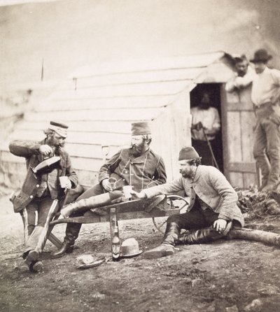 Nødhed i lejren (oberst Lowe og kaptajnerne Brown og George), 1855 (albumenprint fra vådt kollodiumnegativ) af Roger Fenton