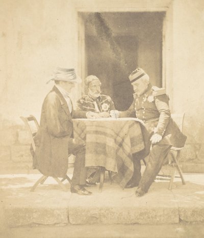 Krigsrådet om morgenen af indtagelsen af Mamelonen. Lord Raglan, Omar Pasha, M..., 1855. af Roger Fenton