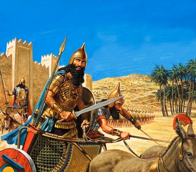 Kong Hammurabi drager i krig, og hans vogn trækkes af æsler af en særlig hårdfør race. af Roger Payne
