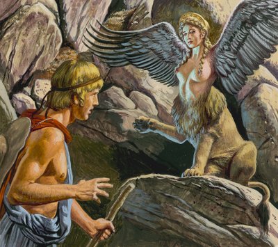 Oedipus møder sfinksen (gouache på papir) af Roger Payne