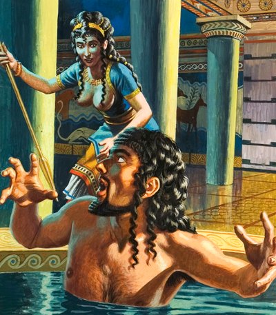 Mordet på kong Agamemnon af hans troløse hustru, Klytaimnestra (gouache på papir) af Roger Payne
