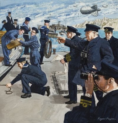 Winston Churchill (1874-1965) i flådescene (gouache på papir) af Roger Payne