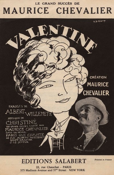 Forsiden af partituret til Maurice Chevaliers store succes "Valentine" tekst af Albert Willemetz musik af Christine editions Salabert, ca. 1925 (tryk) af Roger de Valerio