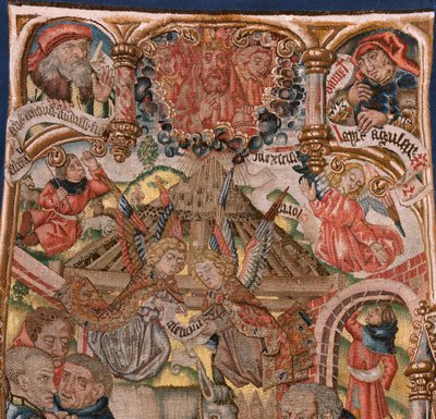 flamsk gobelin. Triptykon om Kristi fødsel (Tríptico del Nacimiento de Jesús). Modeller fra tegneserieskaber af kredsen af Rogier van der Weyden. Fremstilling Sydholland. Ca 1492. Stof Guld, sølv, silke og uld. af Rogier van der (circle of) Weyden