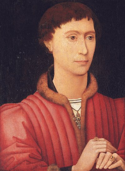 Portræt af en ung mand, brystlængde, i en pelsklippet rød dublet, ca. 1450-60 (olie på panel) af Rogier van der (circle of) Weyden