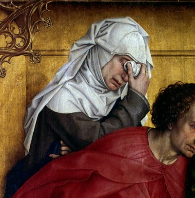 Afsætning eller nedstigning af korset. Detalje af karakteren i tårer. Rogier Altertavle (Roger) Van Der Weyden (1400-1464) 1435 Dim. 2,20 x 0,35 m Madrid, Musee du Prado - Aflejringen eller nedstigningen fra korset. Detalje af de sørgende karakterer. Altar af Rogier van der Weyden