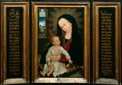 Salve Regina (Salve, O Dronning, katolsk bøn), repræsentation af Jomfruen og Barnet, der holder en pære (olie på træ) af Rogier van der Weyden