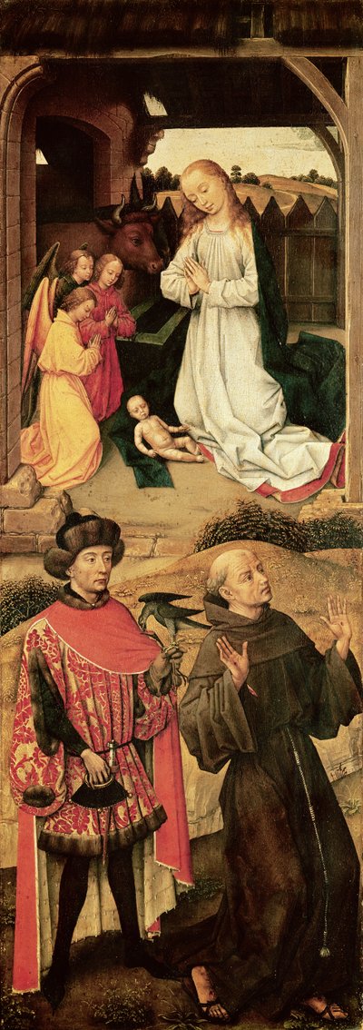 Triptykon på Golgata (venstre panel, Fødselskirken i den øverste sektion, Saint Francis of Assisi og muligvis Saint Julian the Hospitaller i den nederste sektion) af Rogier van der Weyden
