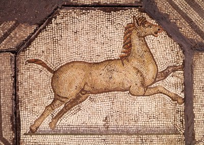 En hest, detalje fra Orpheus Charming the Animals (mosaik) af Roman