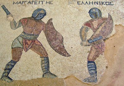 En kamp mellem to gladiatorer, Gladiatorernes hus, Kourion, Cypern (mosaik) af Roman