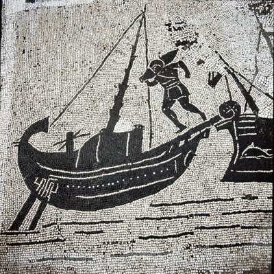 Et skib fra Cagliari vender tilbage til havnen i Ostia (mosaik af Roman