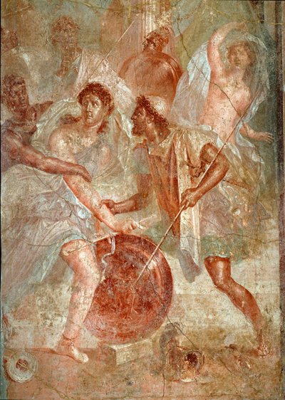 Achilles, forklædning hos kvinder, er genkendt af Ulysses blandt døtrene af Lycomede en Scyros Fresco af Pompei. 1. århundrede e.Kr. Svag. 145,5x137,5 cm Napoli, nationalt arkæologisk museum - romersk kunst. Voldelig kamp mellem befolkningen i Pompeji og N af Roman
