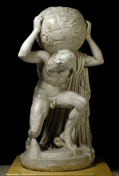 Atlas Farnese Atlas, der bærer den himmelske globus, der symboliserer astronomisk viden om perioden. Romersk marmorskulptur efter en græsk original. 2. århundrede. Svag. 191 cm Museo Archeologico Nazionale, Napoli af Roman