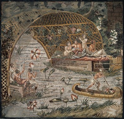 Banket under en pergola nær Nilen - Detalje af Nilen Mosaik af Palestrina - 3. århundrede f.Kr. - Nilen Mosaik af Palestrina - 3. århundrede f.Kr., 95x102 cm - Staatliche Museen, Berlin af Roman