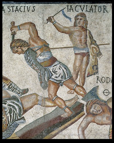 Kamp mellem gladiatorer, detalje af en gladiator, der kæmper og en sejrrig gladiator, 320 AD (mosaik) af Roman