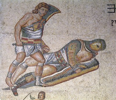 Kamp mellem gladiatorer, detalje af en gladiator, der klemmer en anden til jorden, 320 AD (mosaik) af Roman