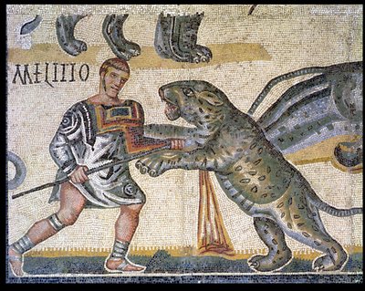 Slaget mellem gladiatorer mod vildkattene, detalje, der viser en gladiator, der løber gennem en vildkat, 320 e.Kr. (mosaik) af Roman