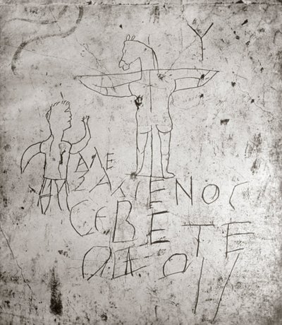 Blasfemisk graffito af en korsfæstelse (sten) af Roman