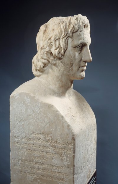Buste af Alexander den Store, kendt som "Hermes Azara", romersk værk efter en bronzestatue af Lysippe. Omkring 330 f.Kr. Paris, Louvre-museet af Roman