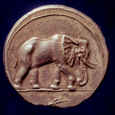 Karthagisk civilisation: medalje, der repræsenterer en elefant, der tillod den karthagiske general Hannibal (247-183 f.Kr.) at krydse Alperne i 218 f.Kr. under den anden puniske krig. 3. århundrede f.Kr. Paris, B.N. af Roman