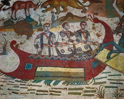 Detalje fra Great Hunt-mosaik, Villa Romana del Casale, Piazza Armerina, Sicilien, Italien, 4. århundrede af Roman