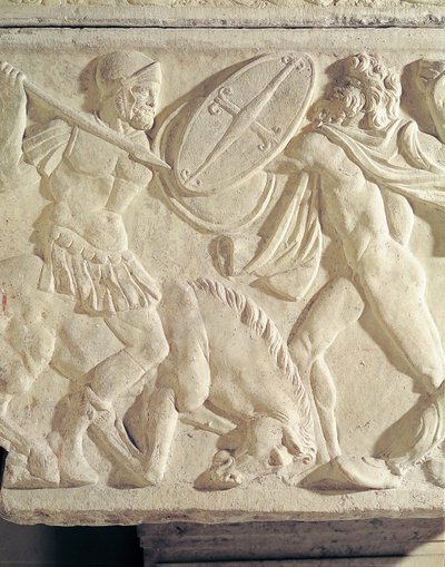 Detalje af en sarkofag, der forestiller en romersk soldat, der kæmper mod en galatisk sten af Roman