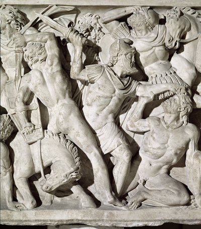 Detalje af en sarkofag, der skildrer en kamp mellem romerne og galaterne sten af Roman