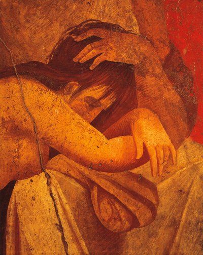 Detalje af freskomaleri, der afbilder Flagellate, Anden Pompeiansk stil, fra Villa of Mysteries, Pompeji, Campania, romersk civilisation af Roman