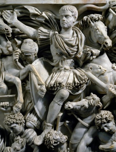 Rideportræt af Hostilianus, søn af kejser Decius, sammen med hans vagter til hest, detalje fra Den Store Ludovisi-sarkofag med relief, der viser kamp mellem romere og østgotere, ca. 260, romersk civilisation, 3. århundrede af Roman