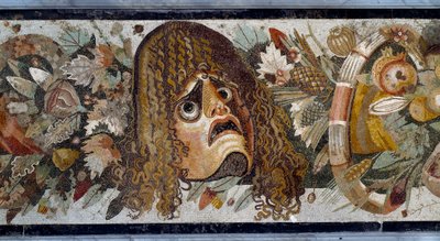 Feston med maske, blade og frugt. Detalje. Mosaik fra Casa del Fauno i Pompei, 2. århundrede f.Kr. Mål: 280 x 49 cm. Museo Nazionale Archeologico, Napoli - romersk kunst: feston med tragisk maske, blade og frugter. Detalje. Mosaik fra Faunens Hus, Po af Roman