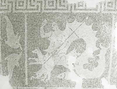 Hellenistisk stenmosaik af Scylla og Charybdis, der bevogter sundet, detalje af Scylla. House of Dionysos, Paphos, Cypern mosaik af Roman